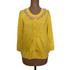 Kate Spade size XL Cardigan Yellow Cotton Pearl Rhinestone Collar Long Sleeve